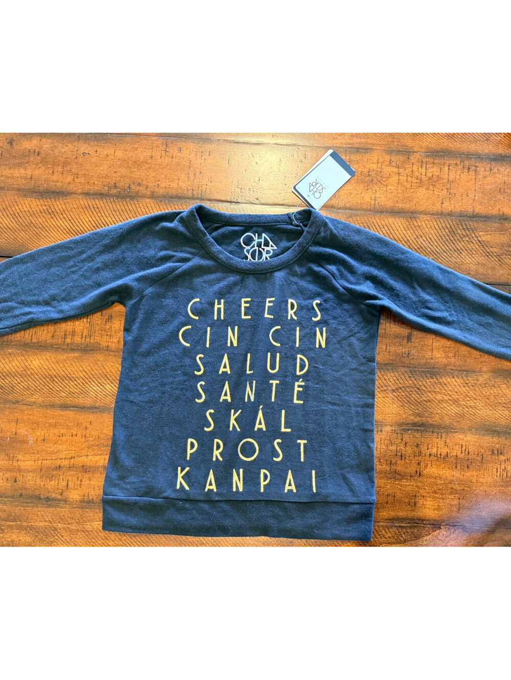 Chaser Cheers Graphic Sweatshirt XS Black Gold Foil Long Sleeve NWT